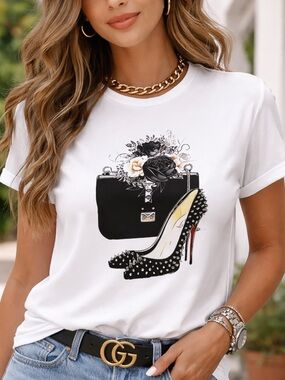Women’s White Graphic Tee with Black Studded High Heel Print